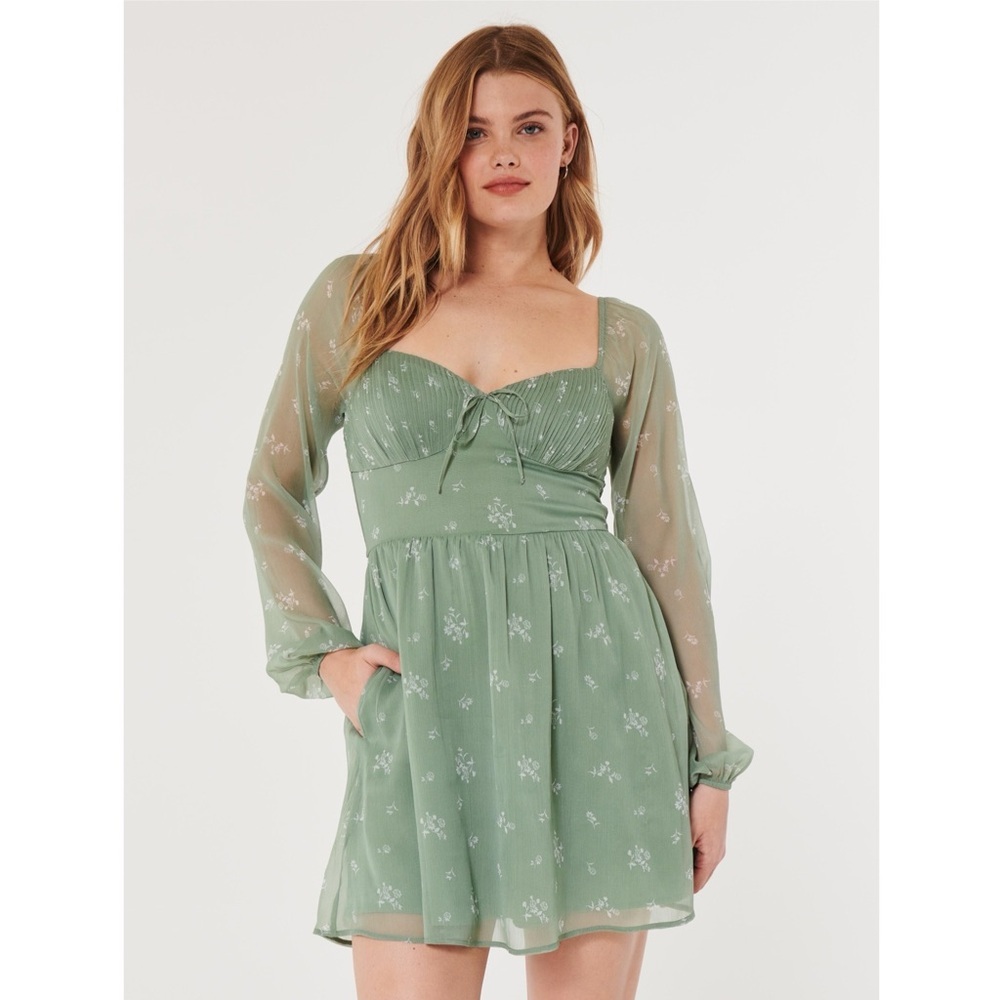 Hollister Green Floral Chiffon Babydoll Mini Dress Smocked Coquette Fairycore XS